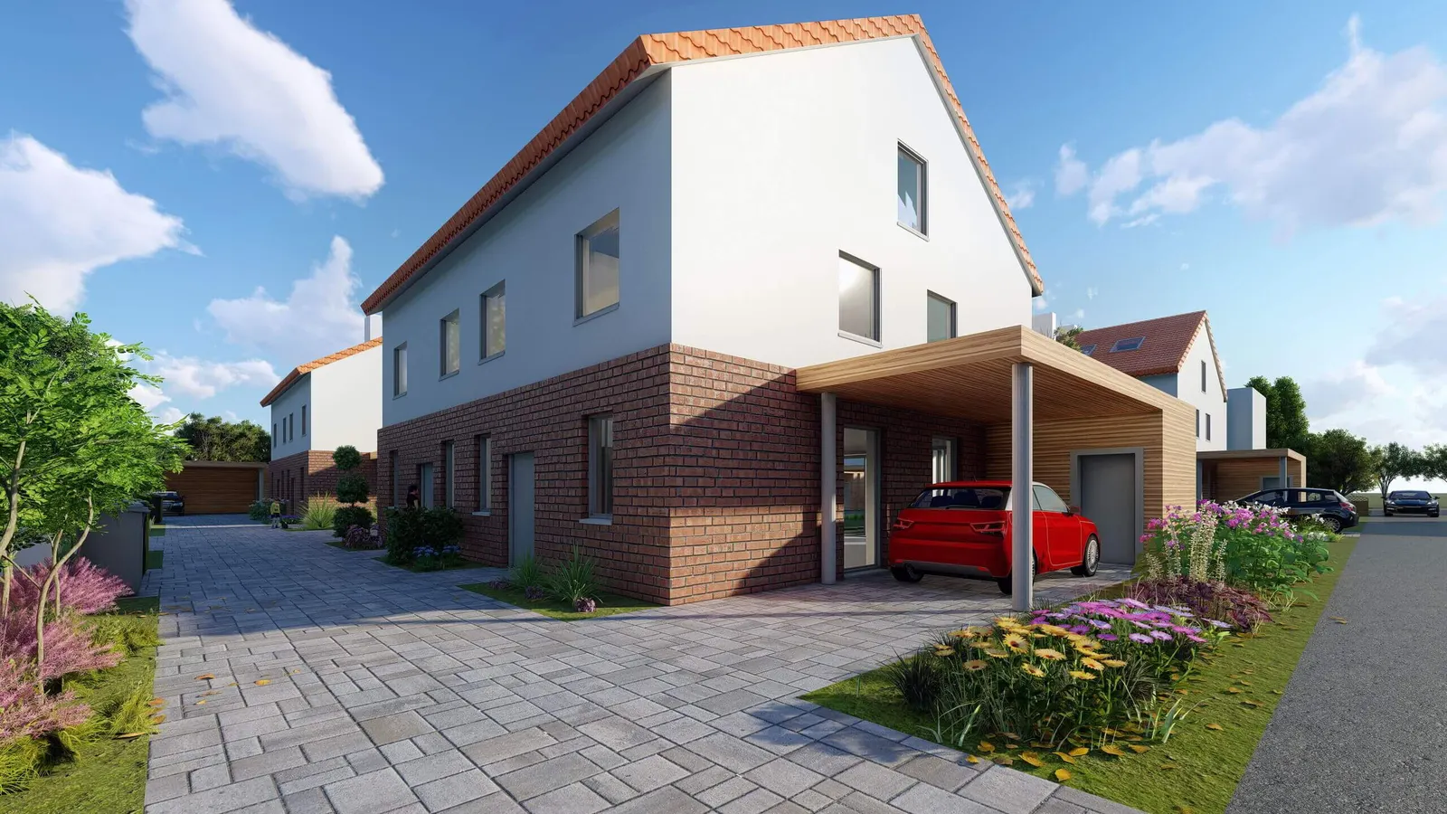 Visualisierung: Doppelhaus mit Carport und gepflasterter Zufahrt